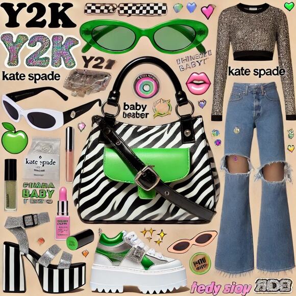 KATE SPADE Zebra Hobo Bag | Iconic | Y2K Canvas & Patent Leather | Green Lining - Picture 5 of 16